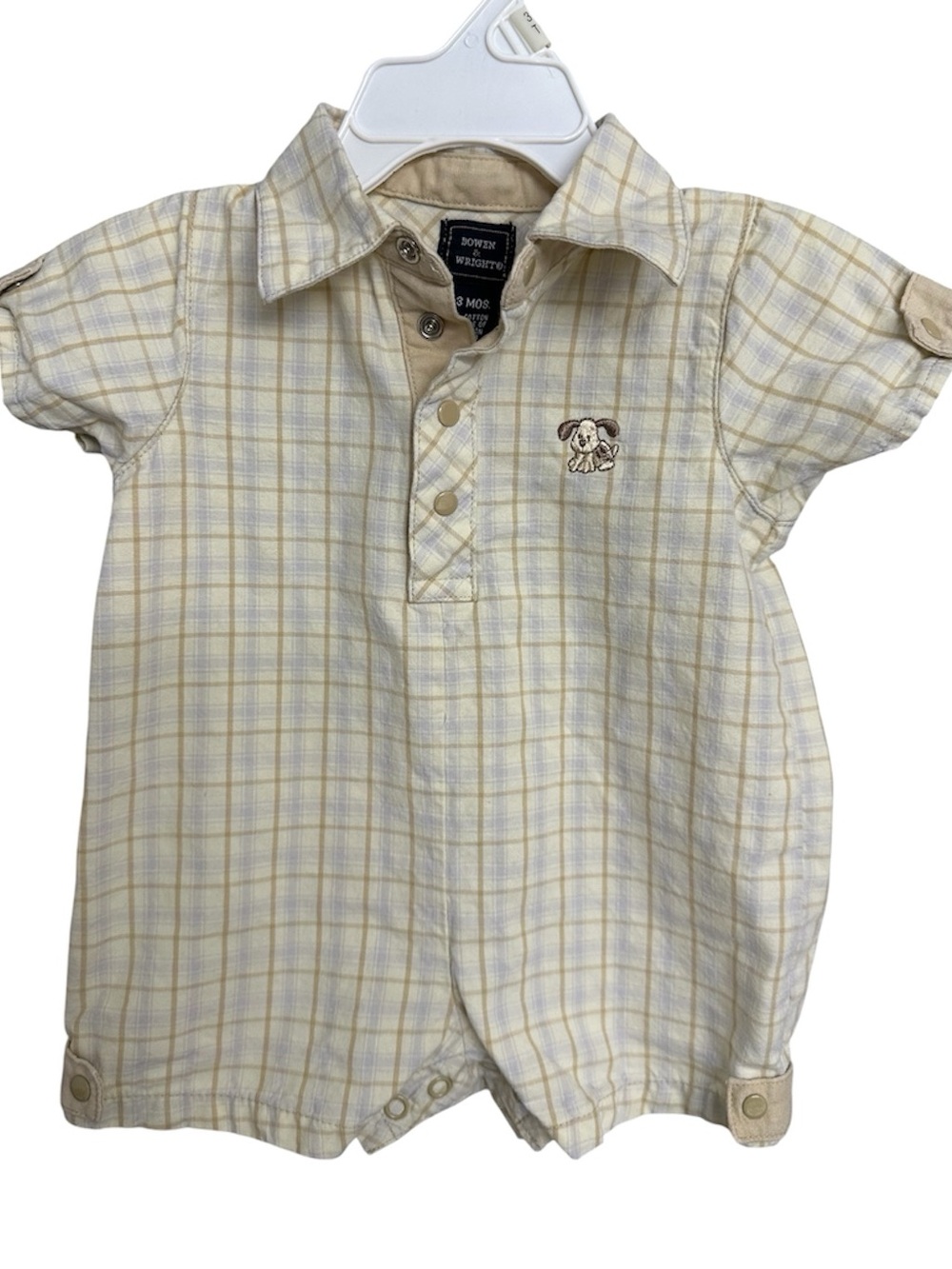 Bowen & Wright Plaid Baby Romper with Puppy Embroidery - Cream & Tan- Size 0-3M